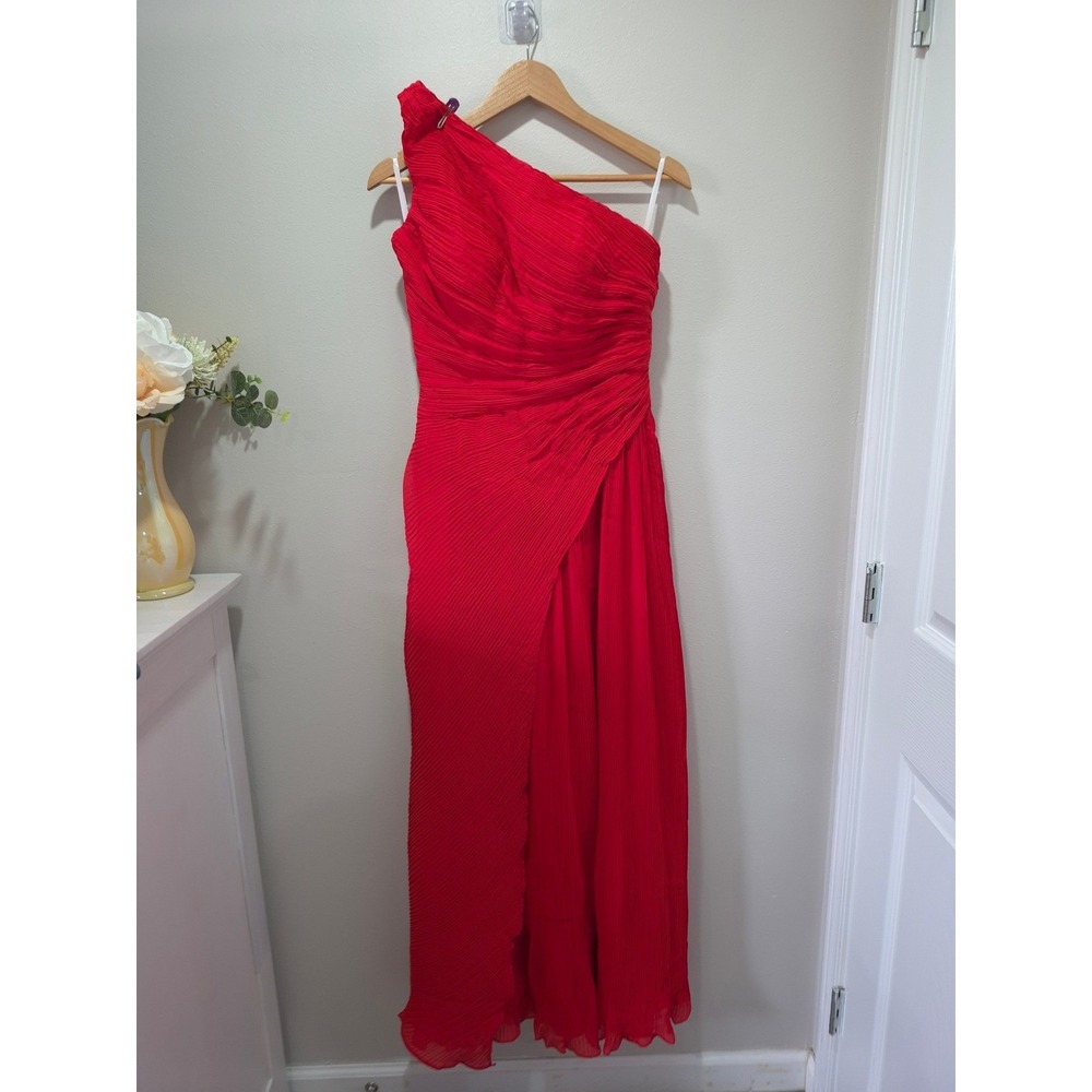 Red One Shoulder Pleated Maxi Gown‎ Asymmetrical Formal Dress Womens